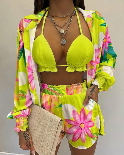 Sexy Beach Style Printed Suspender Shirt Shorts Pant Suit Three Piece