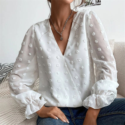 Lantern Long Sleeves Solid V Neck Blouse