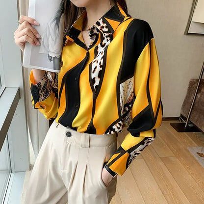 Spring New Leopard Patchwork Print Satin Shirt Women  Style