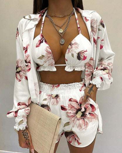 Sexy Beach Style Printed Suspender Shirt Shorts Pant Suit Three Piece