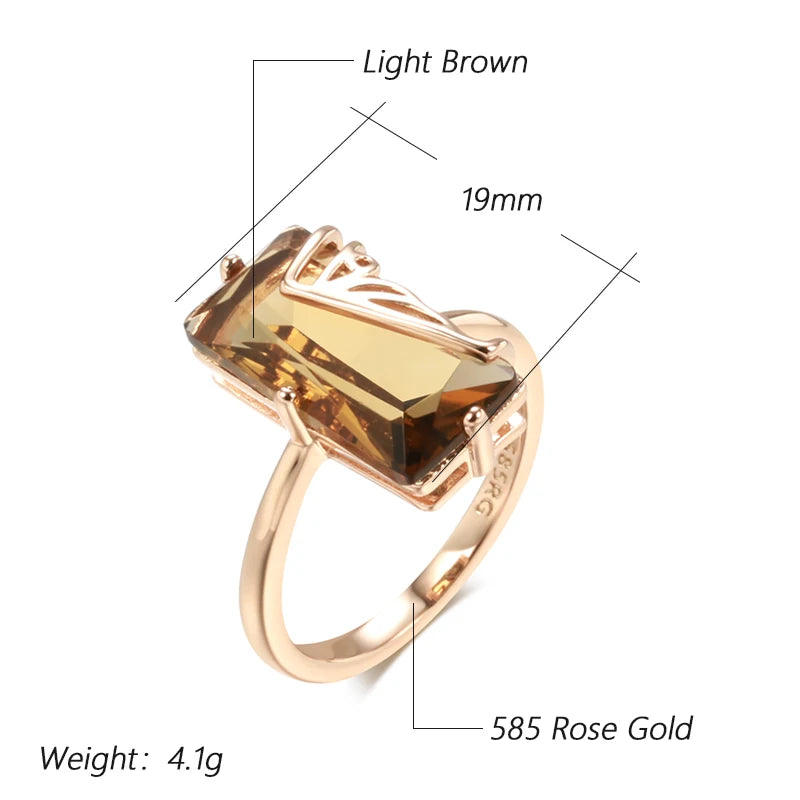 Kinel Hot Fashion Light Brown Natural Zircon Big Ring for Women Simple Square 585 Rose Gold Color High Quality Daily Jewelry