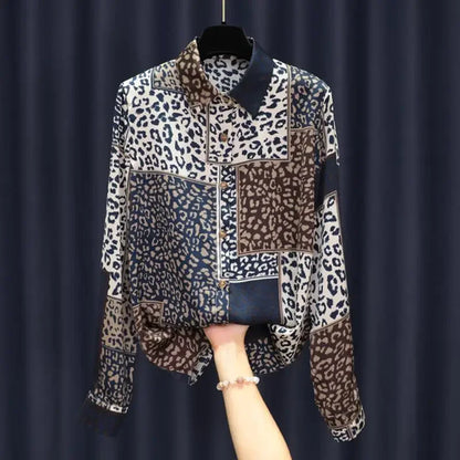 Spring New Leopard Patchwork Print Satin Shirt Women  Style