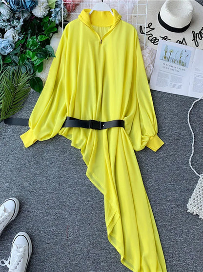 Spring Summer Women's Chiffon Dress Lantern Sleeve Stand Collar Zipper