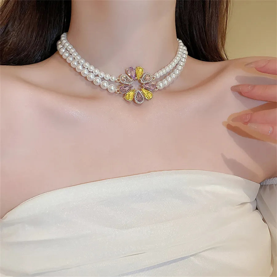 Korean Style Pearl Necklace Earrings For Women Sweet Sunflower