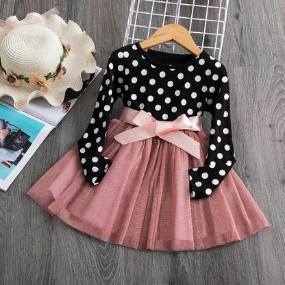 Polka Dot Long Sleeve Tulle Kids Princess Dresses for Girls Spring