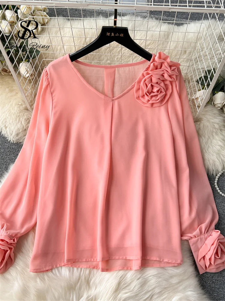 Senior Spring Two Pieces Sets V Neck Long Sleeve Chiffon