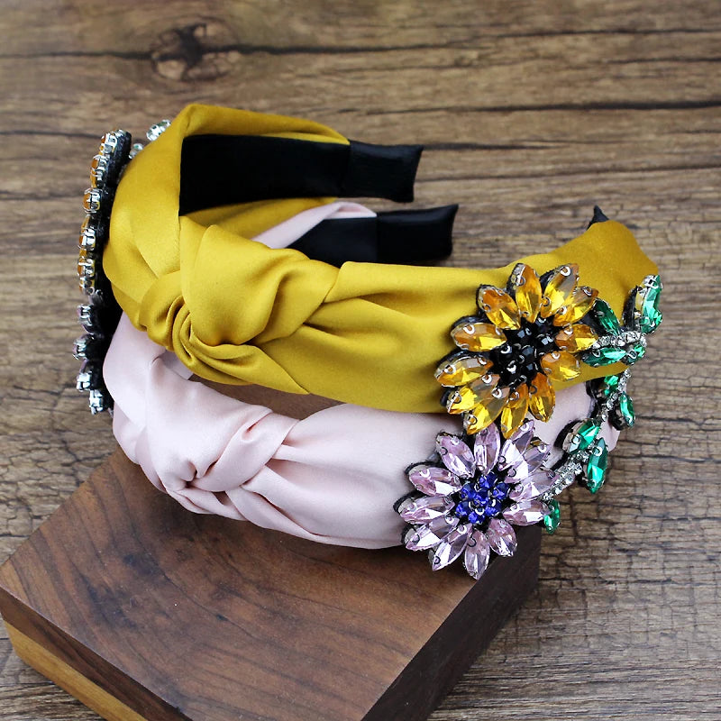 Cute Yellow Pink Flower Hairbands Crystal Rhinestone Bow Headbands