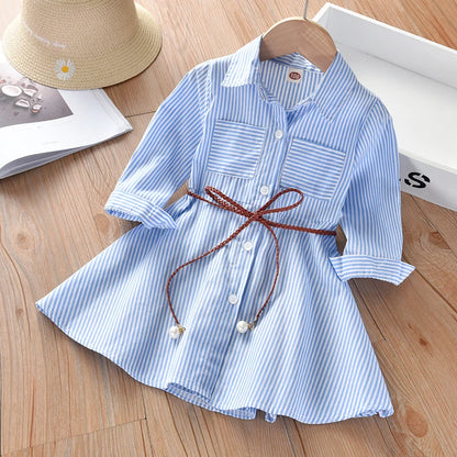 Kids Summer Single Breasted Shirt Dress Girls Casual Loose Pocket Striped Dress Fashion Chic Long Dresses Elegant Loose Belted