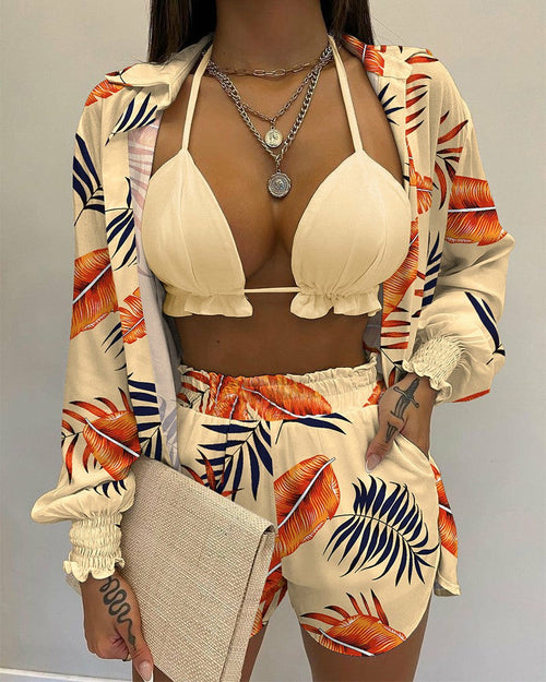 Sexy Beach Style Printed Suspender Shirt Shorts Pant Suit Three Piece