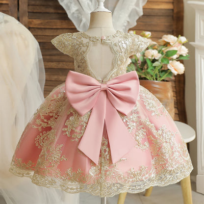 Embroidery Elegant Kids Princess Dresses for Girls Luxury Golden Lace