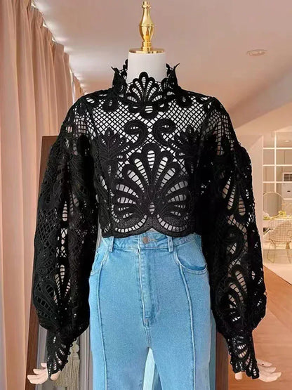 Spring Summer New Fashion Blouse Female Hollow Lantern Sleeve