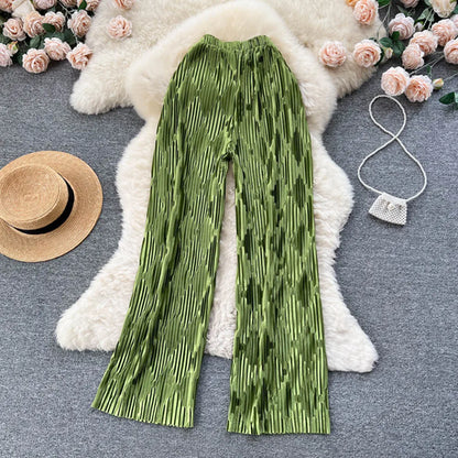 Pleated Vintage Striped Long Pants Fashion Spring High Waist