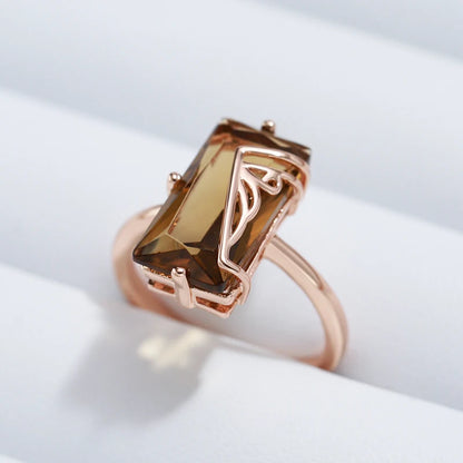 Kinel Hot Fashion Light Brown Natural Zircon Big Ring for Women Simple Square 585 Rose Gold Color High Quality Daily Jewelry