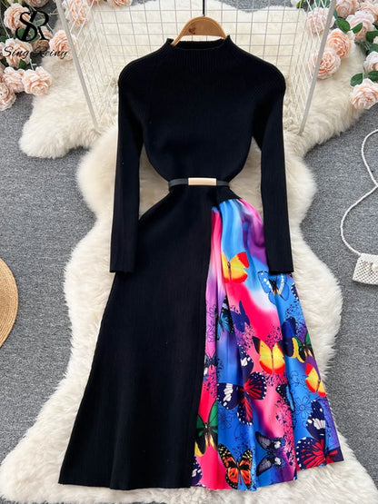 Print Patchwork Women Sweater Dress Half High Collar Rero