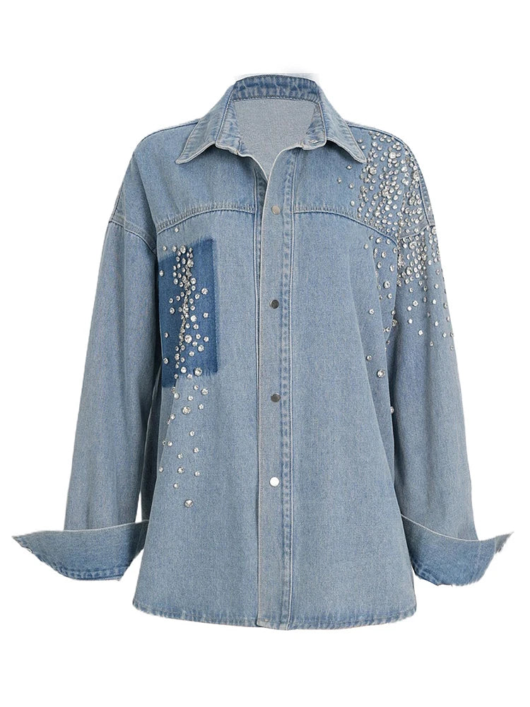 YERMORA Irregular Rhinestone Denim Shirt Jacket For Women For Women Lapel Long Sleeve Fashion Tide Coat Spring Autumn 2025 A142