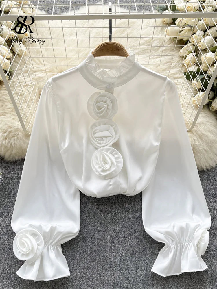 Women High Quality Blouse 2023 Half High Collar Long Sleeves