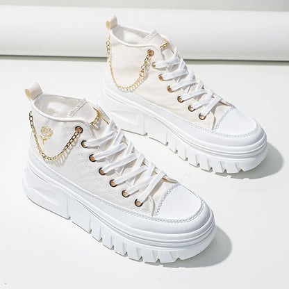 Women Lace-Up Front High Top Flatform Canvas Shoes Fashion Casual