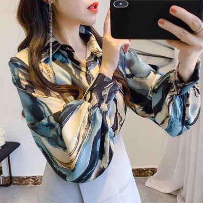 Elegant Printed Lapel Lantern Sleeve Shirt Women's Clothing