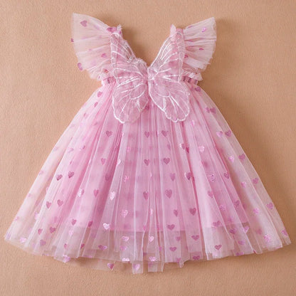 Baby Girl Party Dress Princess Birthday Clothes Back Bow Wing Solid