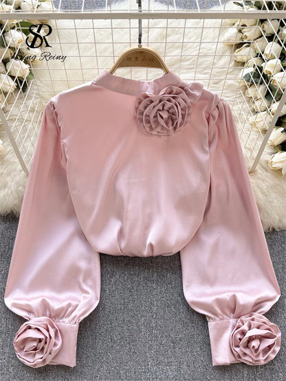 French Senior Satin Loose Shirt Women Elegant Long Sleeve 3D