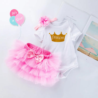 Tutu Baby Birthday Set Short Sleeve Romper Petti skirt Girls 3 Pcs