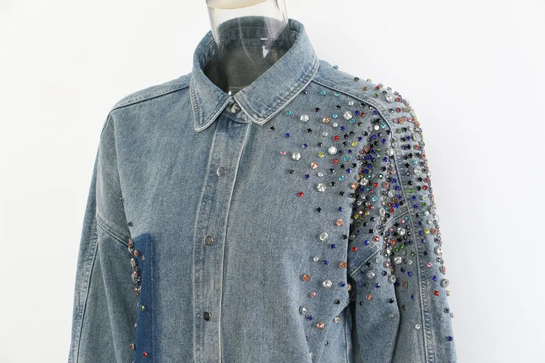 YERMORA Irregular Rhinestone Denim Shirt Jacket For Women For Women Lapel Long Sleeve Fashion Tide Coat Spring Autumn 2025 A142