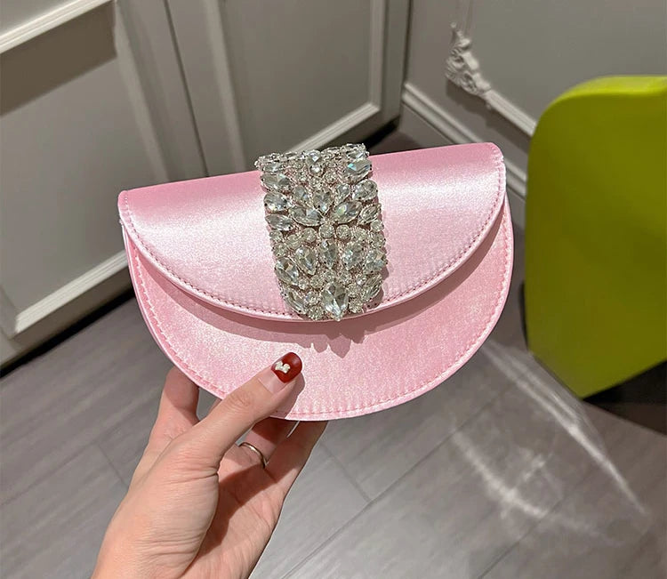 Women Glittering Crystal Satin Handbags Designer Luxury Diamond Pink Evening Diamonds Ring Clutch Purses Wedding Party Trendy