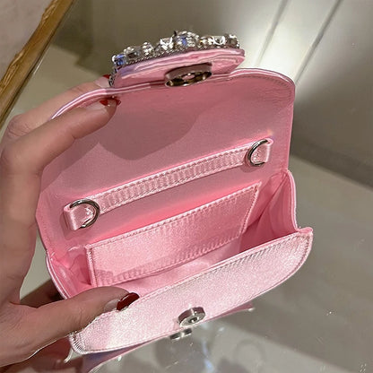 Women Glittering Crystal Satin Handbags Designer Luxury Diamond Pink Evening Diamonds Ring Clutch Purses Wedding Party Trendy