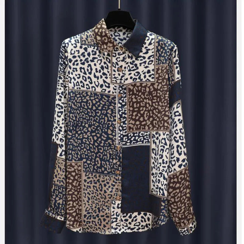 Spring New Leopard Patchwork Print Satin Shirt Women  Style