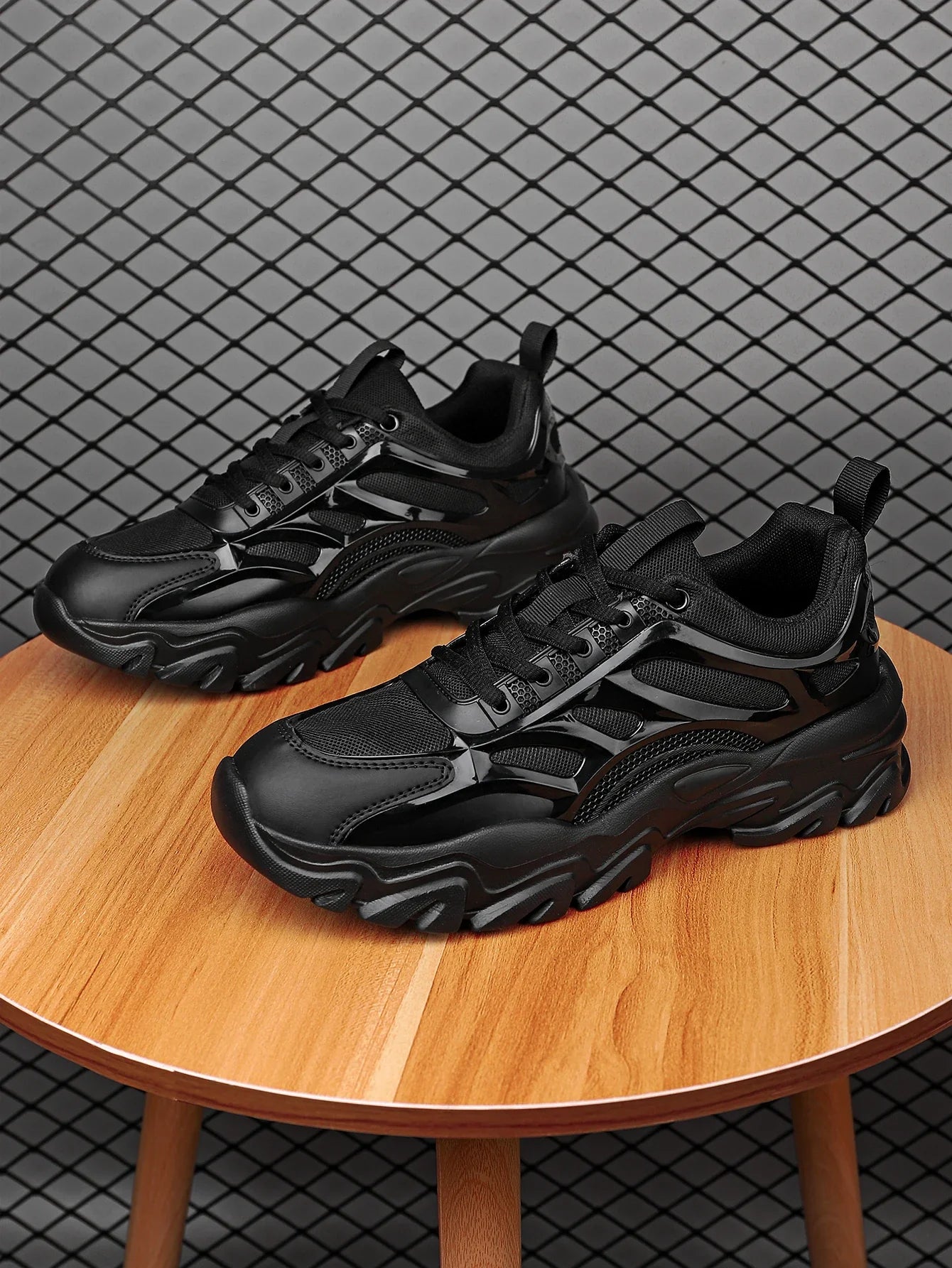 Sporty Chunky Sneakers For Men, Black Lace-up Front Sneakers