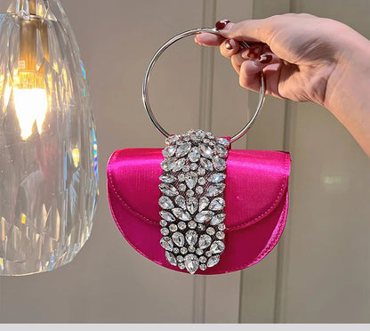 Women Glittering Crystal Satin Handbags Designer Luxury Diamond Pink Evening Diamonds Ring Clutch Purses Wedding Party Trendy