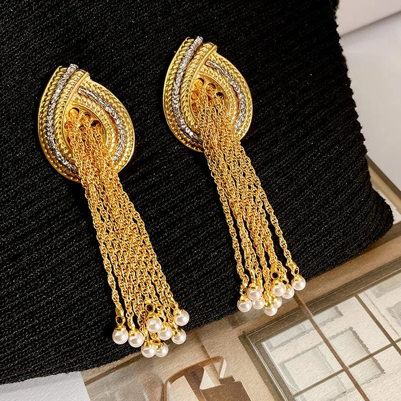 European American Style Long Tassels Pearl Pendant Earrings