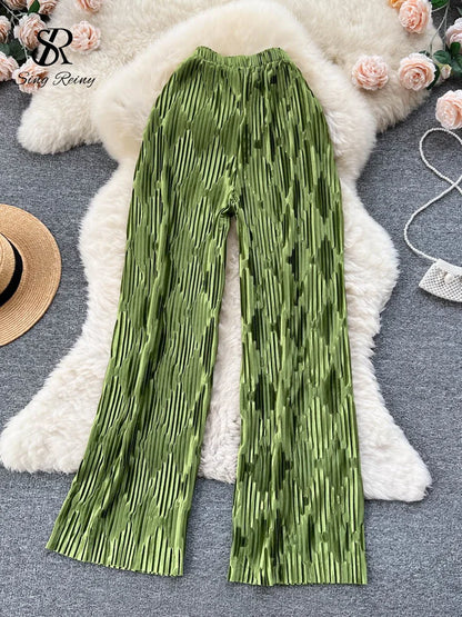 Pleated Vintage Striped Long Pants Fashion Spring High Waist