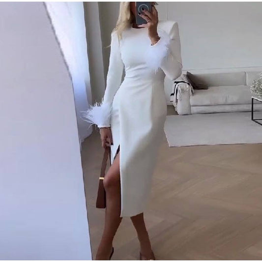 Elegant White Feather Long Sleeve Midi Dress