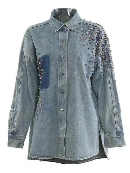 YERMORA Irregular Rhinestone Denim Shirt Jacket For Women For Women Lapel Long Sleeve Fashion Tide Coat Spring Autumn 2025 A142