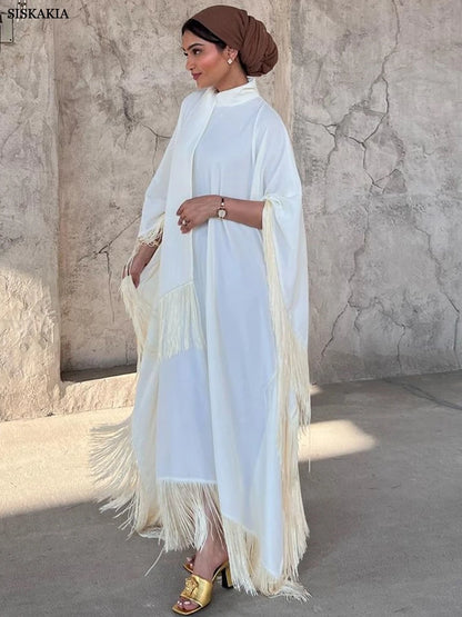 Modest  Batwing Sleeve Tassel Kaftan Light Apricot Corban