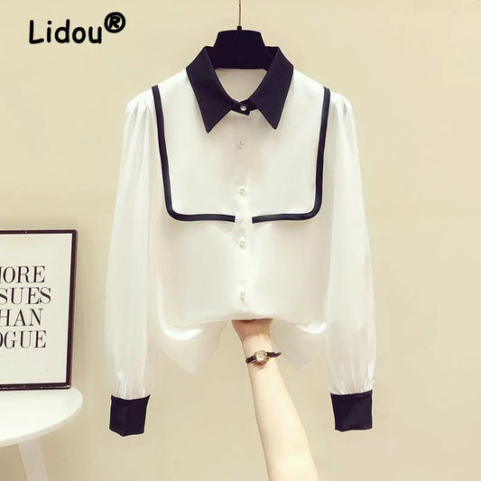 Spring Summer New Long-sleeved Shirt Women's Contrast Colour Polo