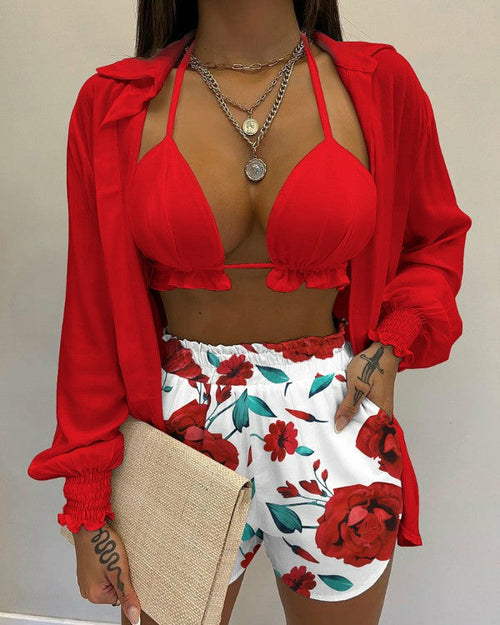 Sexy Beach Style Printed Suspender Shirt Shorts Pant Suit Three Piece