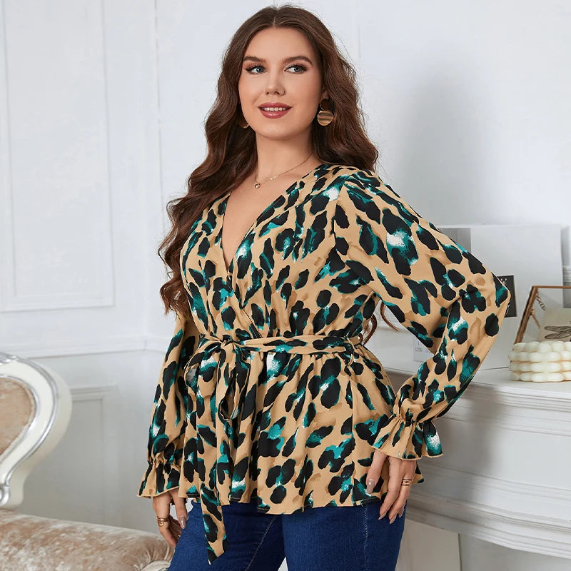 Della Mel  Plus Size Women Elegant Blouse Sexy V-Neck Leopard