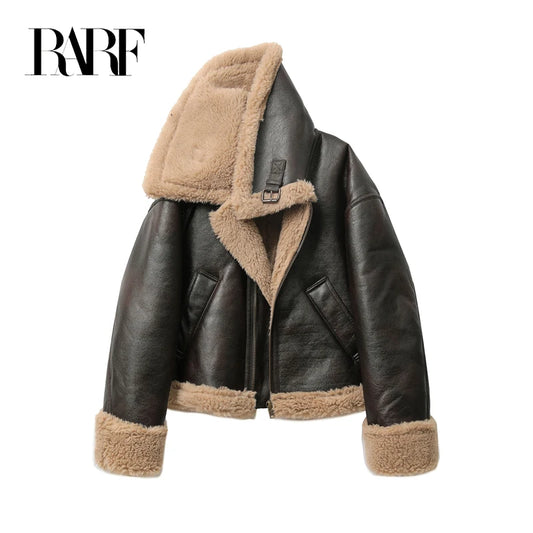 RARF Autumn winter new women's thickened warm double-sided short jacket Women's brown coat