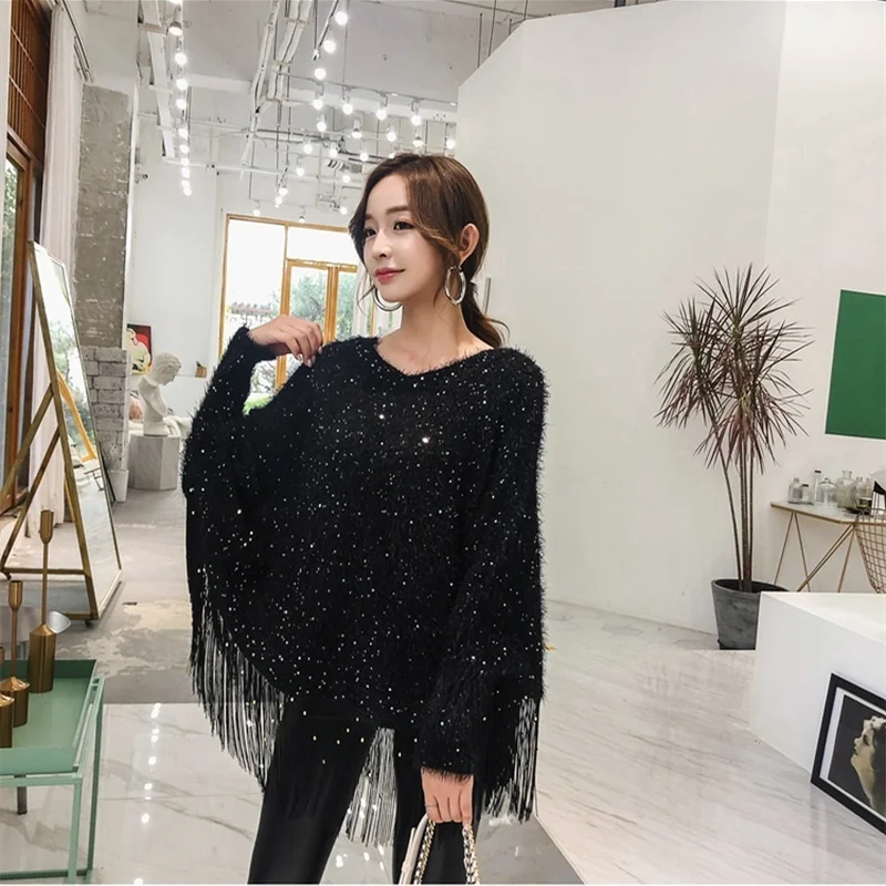 Winter Sequined Tassel Loose Cape Shawl Pullover Sweater