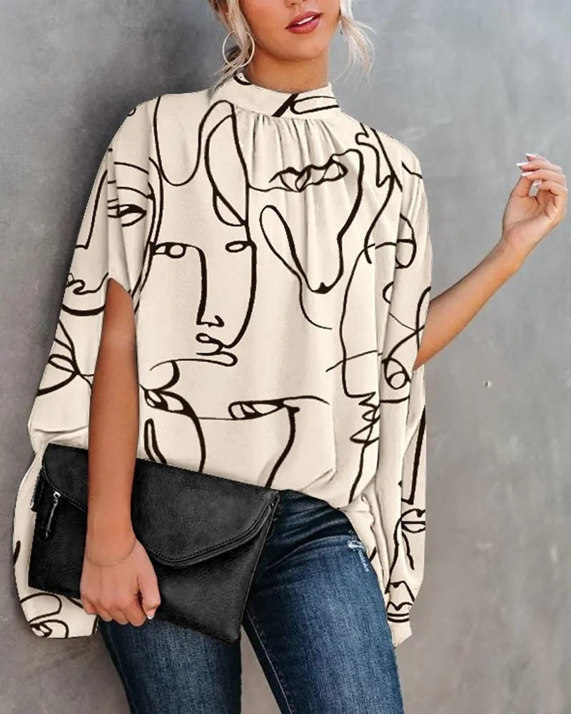 Loose Blouse Batwing Sleeve Print O-neck Shirts