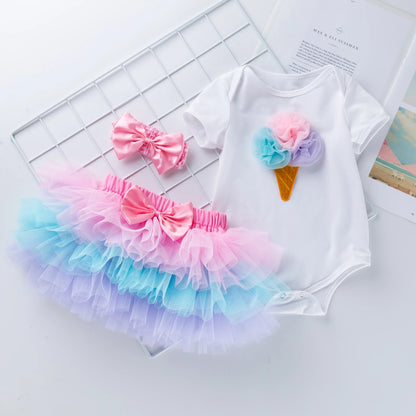 Tutu Baby Birthday Set Short Sleeve Romper Petti skirt Girls 3 Pcs