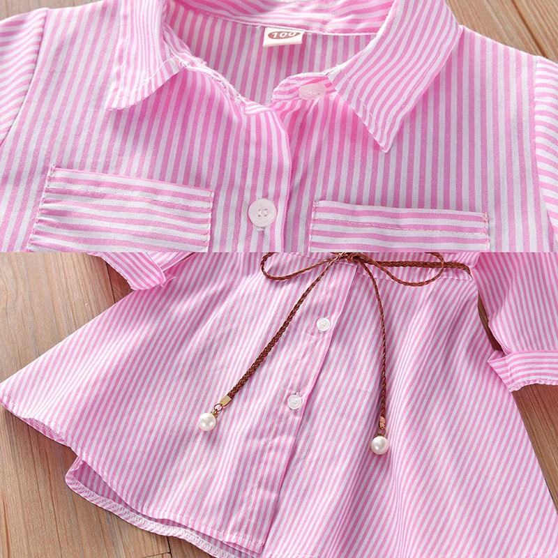 Kids Summer Single Breasted Shirt Dress Girls Casual Loose Pocket Striped Dress Fashion Chic Long Dresses Elegant Loose Belted