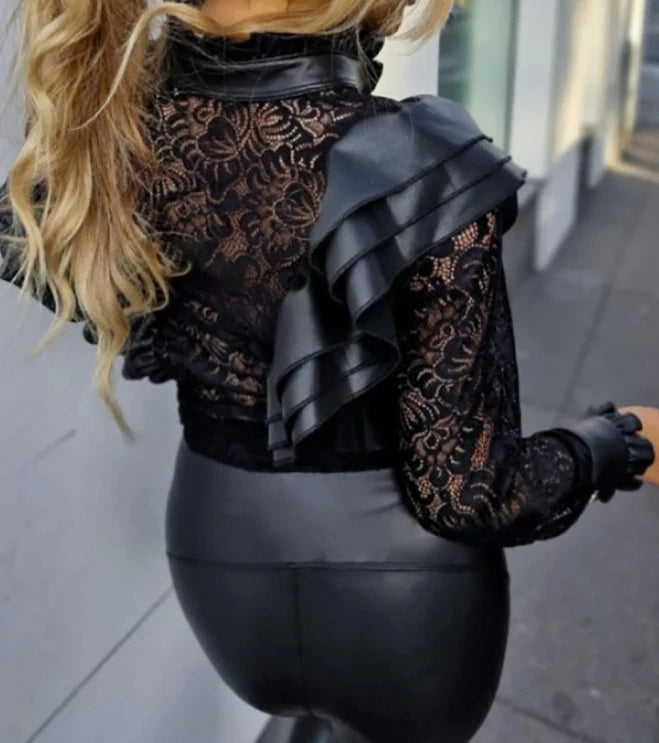 Fashion Woman Blouse Spring Buttoned Ruffles Pu Leather Sexy Lace