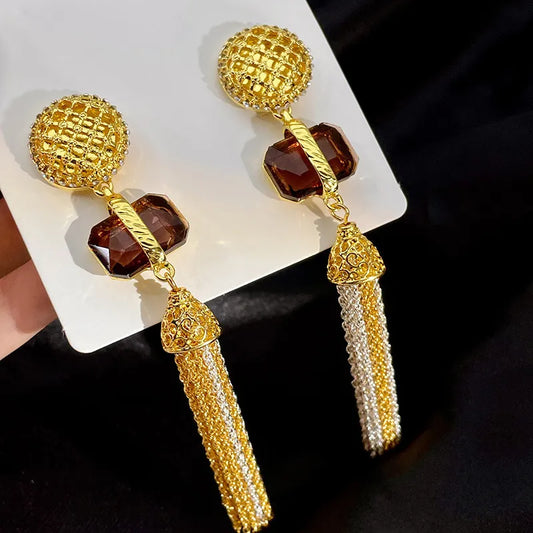 Luxury Crystal Statement Fashion Metallic Long Tassel Earrings Top