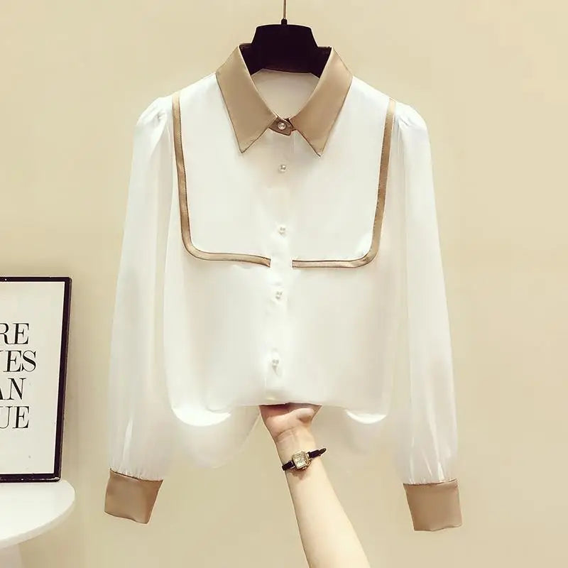 Spring Summer New Long-sleeved Shirt Women's Contrast Colour Polo