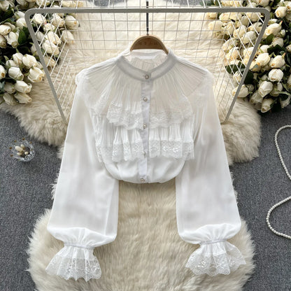 Elegant French Blouse Women Temperament Sweet Ruffles Loose Casual