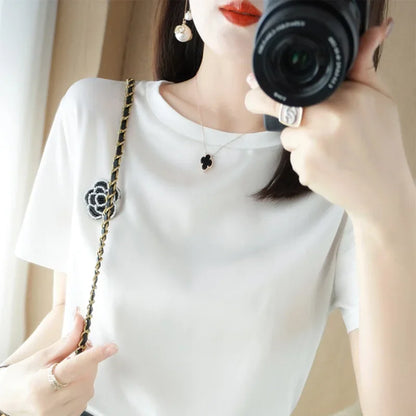 Summer Hot Sale Satin Silk White T-shirt Luxury Sense for Ladies'