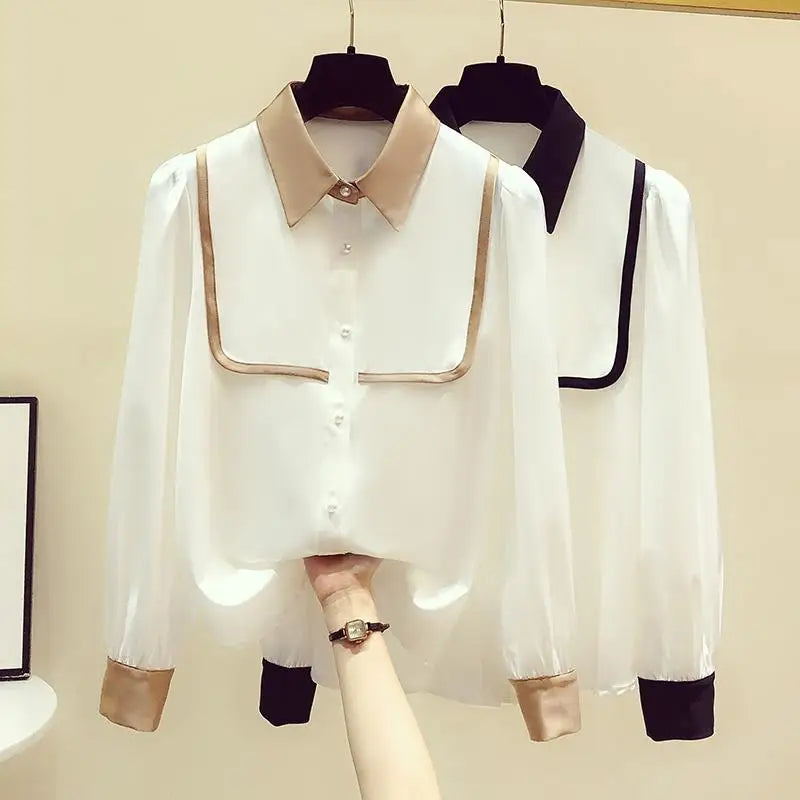 Spring Summer New Long-sleeved Shirt Women's Contrast Colour Polo